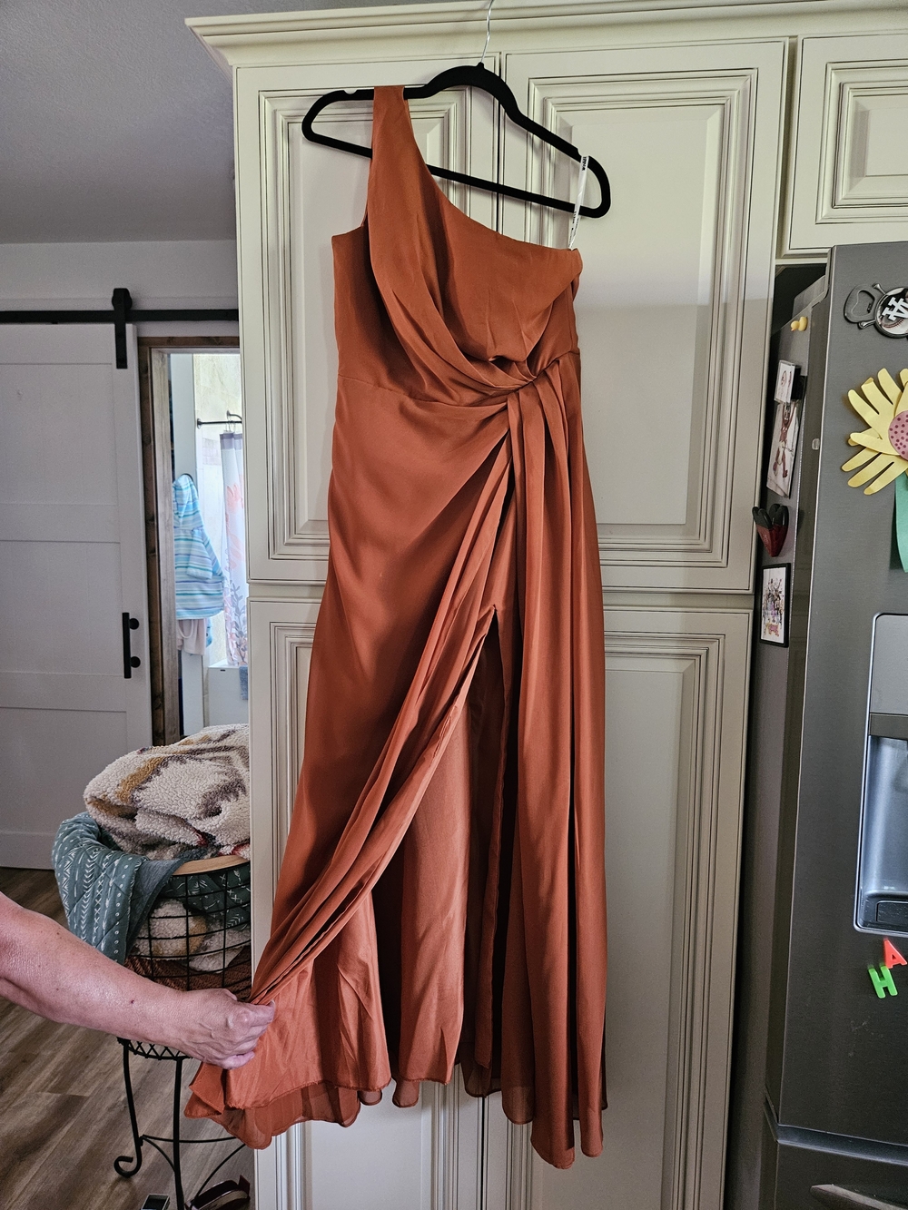 Terracotta One-Shoulder Draped Women's Dress - Picture 2 of 12